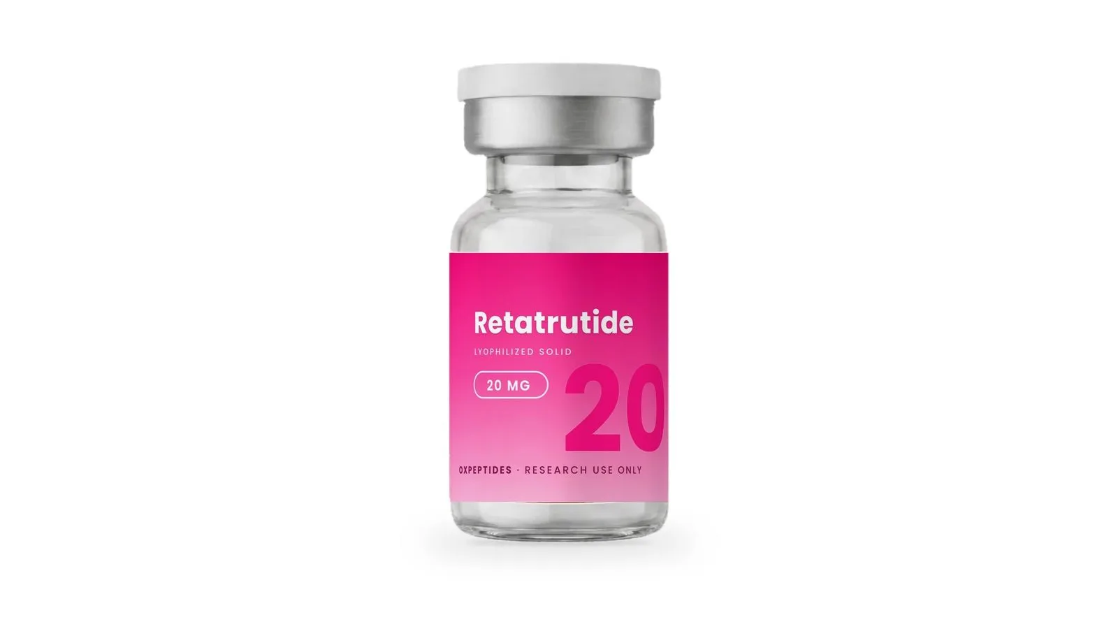 Flesje retatrutide 20 mg van OXpeptides, gevriesdroogd poeder, alleen voor onderzoek, op een witte achtergrond.