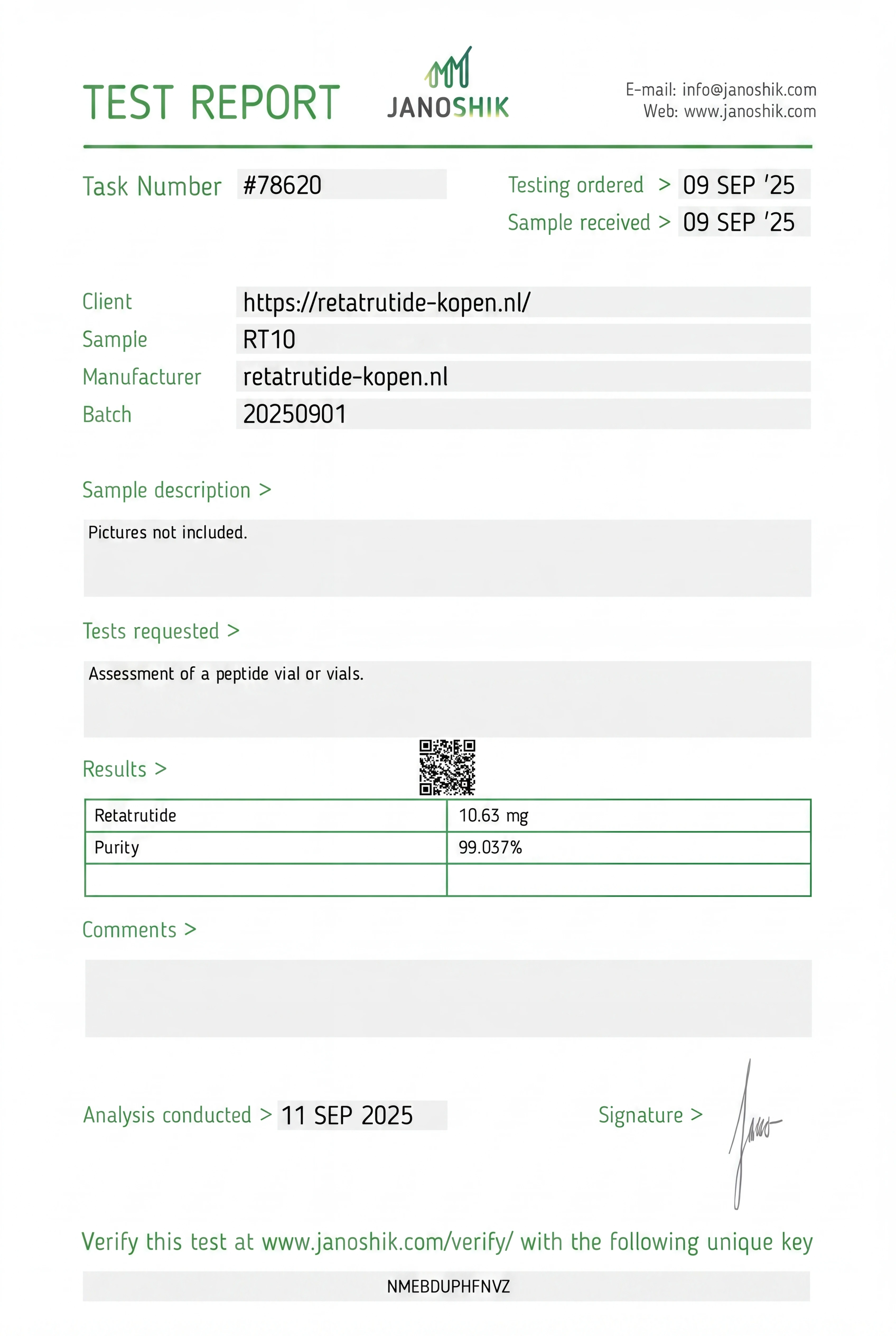Janoshik analysecertificaat — Retatrutide 10 mg lot 20250901, zuiverheid 99.057%