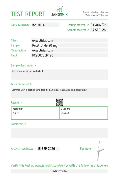 Janoshik #217014, Labrapport van de flacon van 20 mg