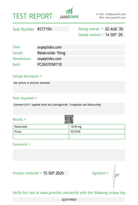 Janoshik #217194 · Retatrutide 10 mg: 10,59 mg · 99,316 %